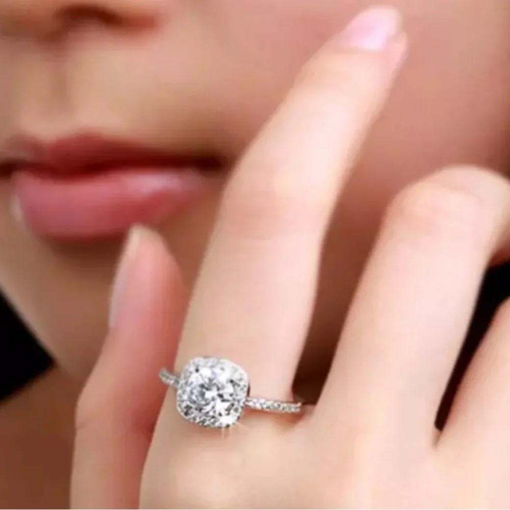 White Gold Plated Silver Pave Princess Cubic Zirconia Engagement